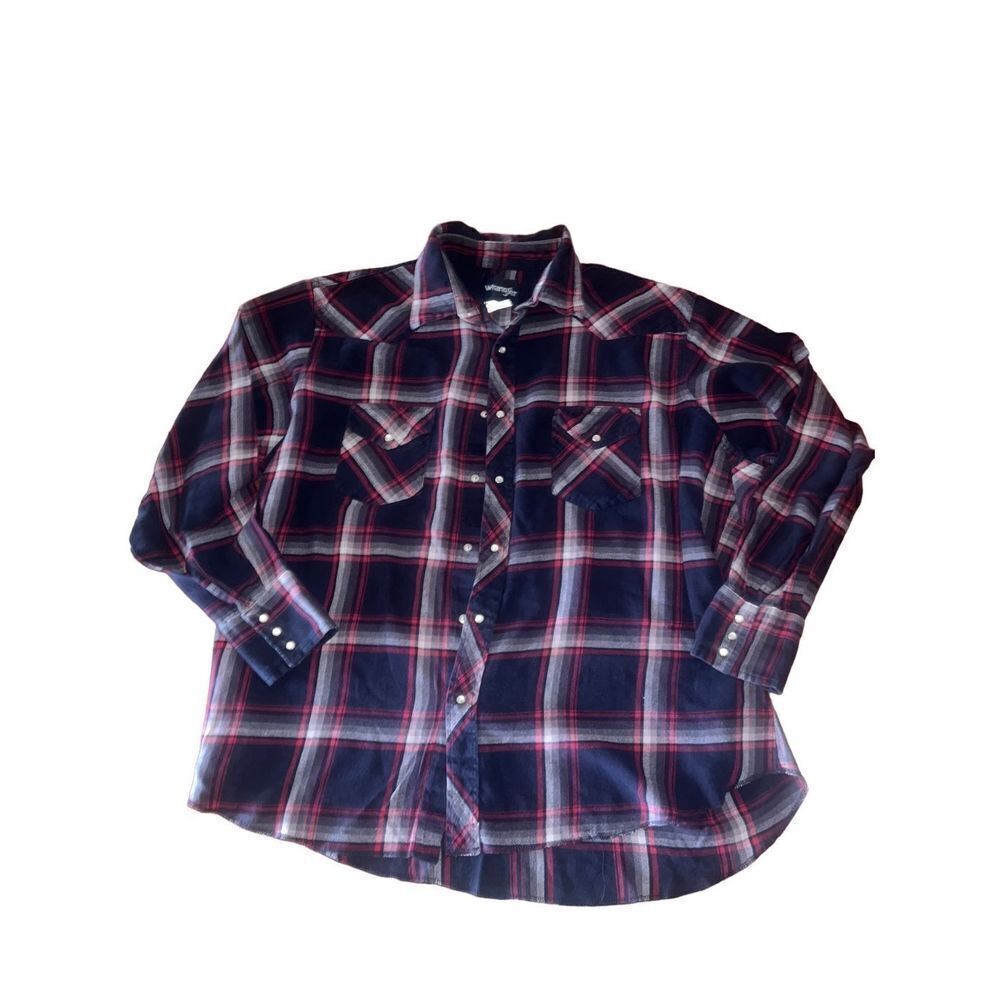 Vintage Wrangler Shirt Men's XXL Blue Plaid Flannel Pearl Snap Western
